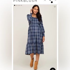 NWOT Pinkblush Navy Plaid Puffsleeve MIDI Maternity Dress size large- Never worn